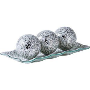 12.4” Mosaic Glass Decorative Tray Dish Plate with 3pcs 3" Decorative Orbs Balls